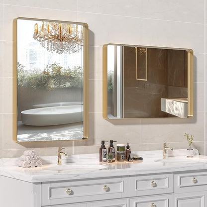 Hasipu 2 PCS Bathroom Mirror for Wall, 32 x 24 Inch Gold Metal Framed Bathroom Mirrors for Over Sink, Rectangle Bathroom Vanity Mirror, Anti-Rust, Tempered Glass, Horizontal or Vertical