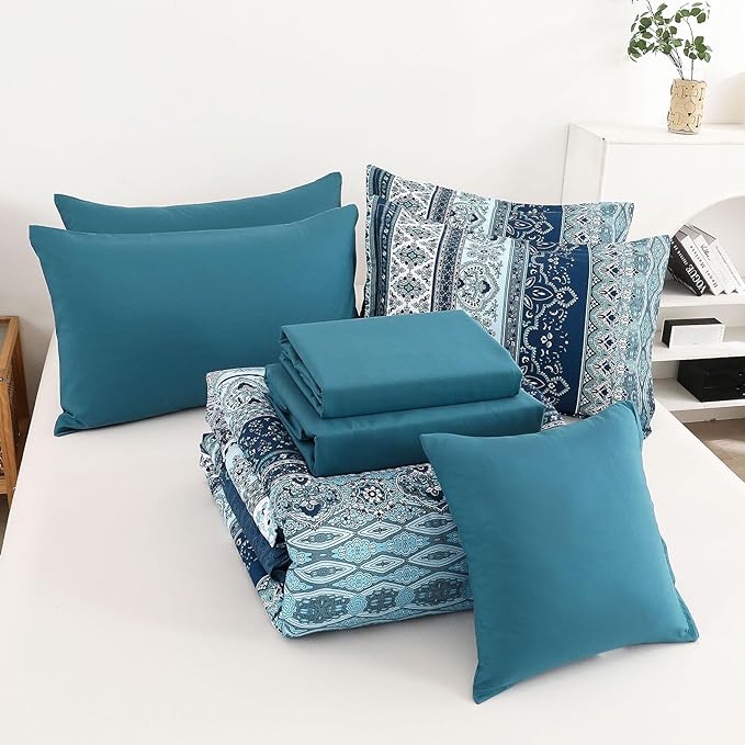Boho Full Size Comforter Set 8 Pieces, Teal Blue Comforter Bohemian Striped Bed in A Bag, Soft Microfiber Bedding Set for All Seasons