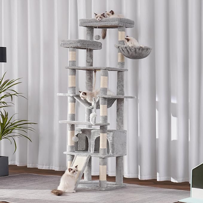 Heybly Tall Cat Tree, 78-inch Multi-Level Cat Tower for Indoor Cats, 2 Widened Plush Perches Cat Condo with Scratching Board and Big Caves, Light Gray HCT033W-Mewly Pet