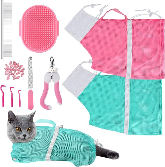 JULMELON Cat Washing Bag 10 PCS Set, Adjustable Cat Shower Net Bag and Pet Grooming Brush with Nail Clipper Nail File Hair Combs Tick Tool Nail Caps for Bathing Nail Trimming Examination(Pink+Green)-Mewly Pet