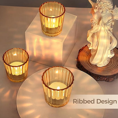 ComSaf Votive Candle Holders, 24 PCS Glass Candle Holders, Ribbed Tealight Candle Holder for Table Centerpieces, Gold Candle Holder for Wedding, Party, Baby Shower, Special Occasions, Fall Home Decor