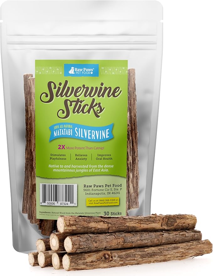Raw Paws Silvervine Sticks for Cats (30 Pack) - Silvervine Cat Toy for Indoor Cats - Catnip Sticks - Silver Vine Cat Chew Stick-Mewly Pet