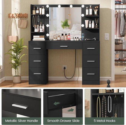 Quimoo Large Vanity Desk with LED Lighted Mirror & Power Outlet,Makeup Vanity Table with 7 Drawers,4 Shelves and 5 Hooks,Vanity Table, Vanity Desk Set for Bedroom,Bathroom，Black