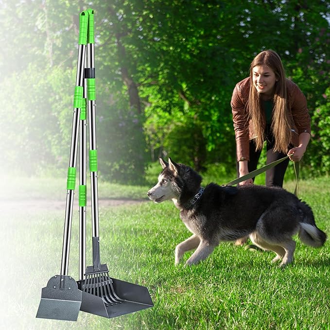 Niubya Pooper Scooper for Dogs, Metal Poop Scooper Tray Spade and Rake Set, Poop Scoop with Adjustable Long Handle, Dog Pooper Scooper for Pet Waste Removal-Mewly Pet