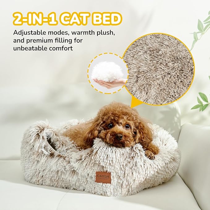 CATISM Cat Bed, Cat Cave for Indoor Cats, Soft Cat Dome, Self-Warming 2 in 1 Foldable Pet Cat House with Washable Cushioned Pillow Calming Fluffy Dog Beds for Small Dogs with Anti-Slip Bottom Brown L-Mewly Pet