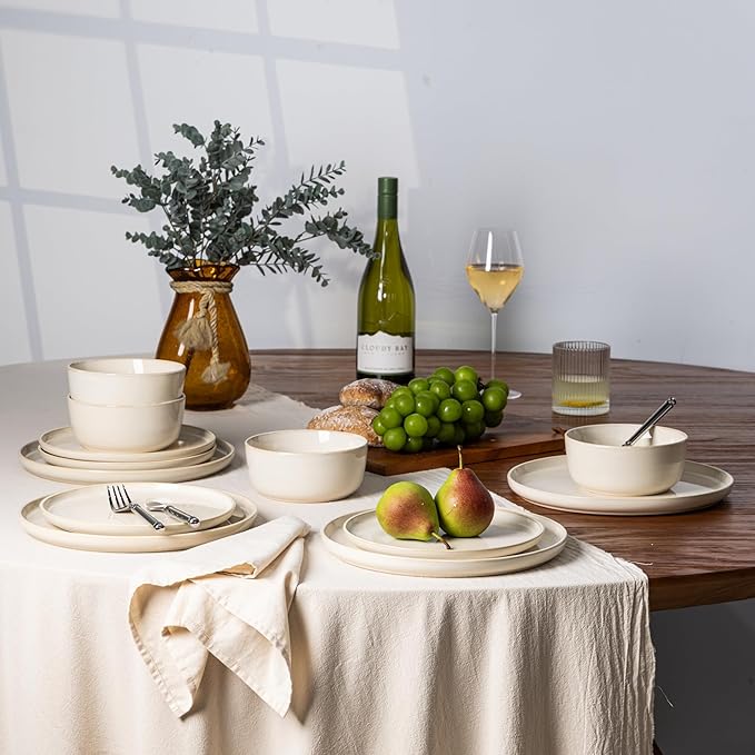 GBHOME Ceramic Dinnerware Sets for 4, 12 Pieces Stoneware Plates and Bowls Sets, Scratch Resistant Dishes, Dishwasher & Microwave Safe, Reactive Glaze-Vanilla color-Mewly Pet