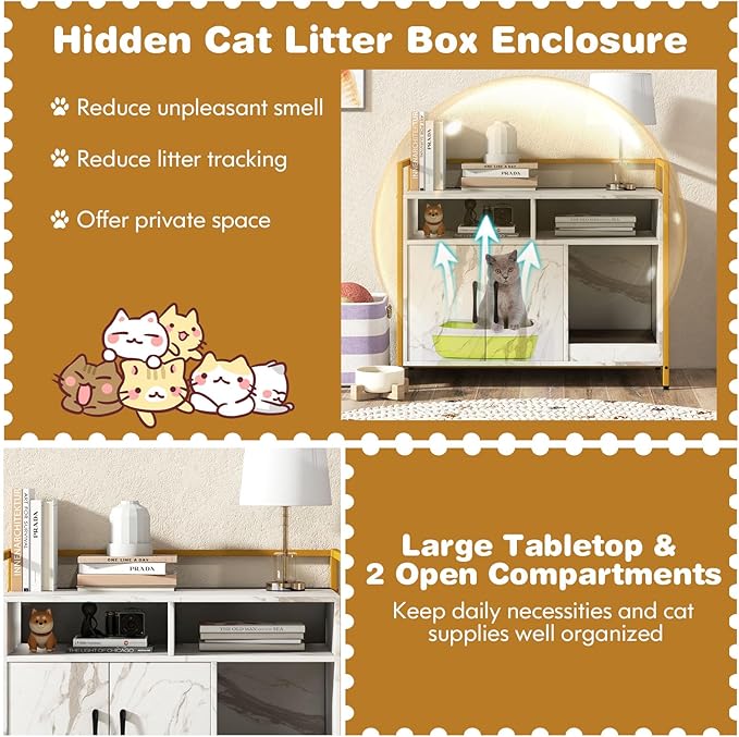 Tangkula Litter Box Enclosure, Modern Cat Litter Box Furniture with Metal Frame, Scratching Board, Storage Compartment, Hidden Cat Washroom (Marble White)-Mewly Pet