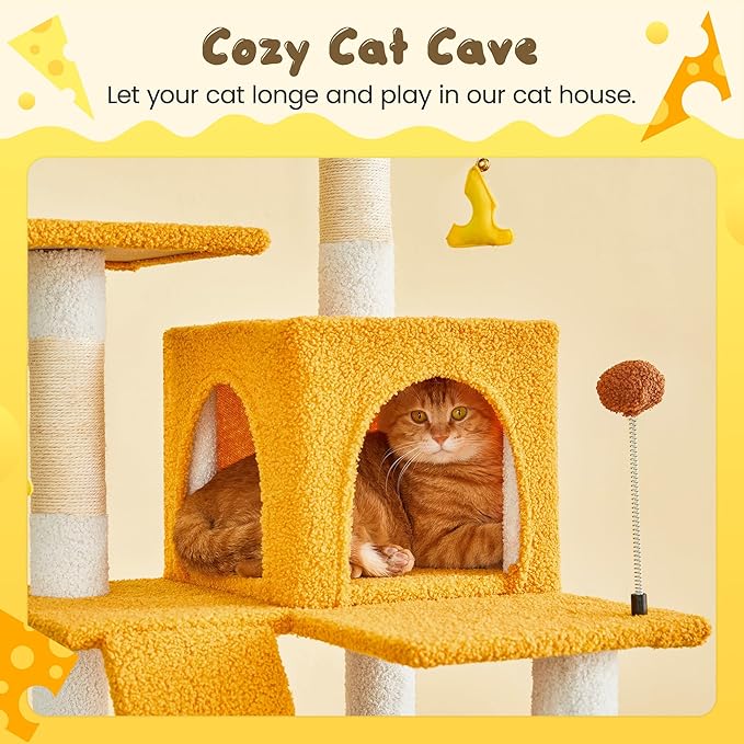 MWPO Cat Tree, 63.8-Inch Cat Tower for Indoor Cats, Multi-Level Cat Condo with 5 Scratching Posts, 2 Perches, Hammock, Dangling Toys, Yellow-Mewly Pet