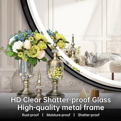 32 Inch Round Led Mirror, Bathroom Mirror with Lights, Black Metal Framed Frontlit Circle Mirrors for Wall with Anti-Fog, Memory Function, 3 Color Temperature, Dimmable Makeup Mirror