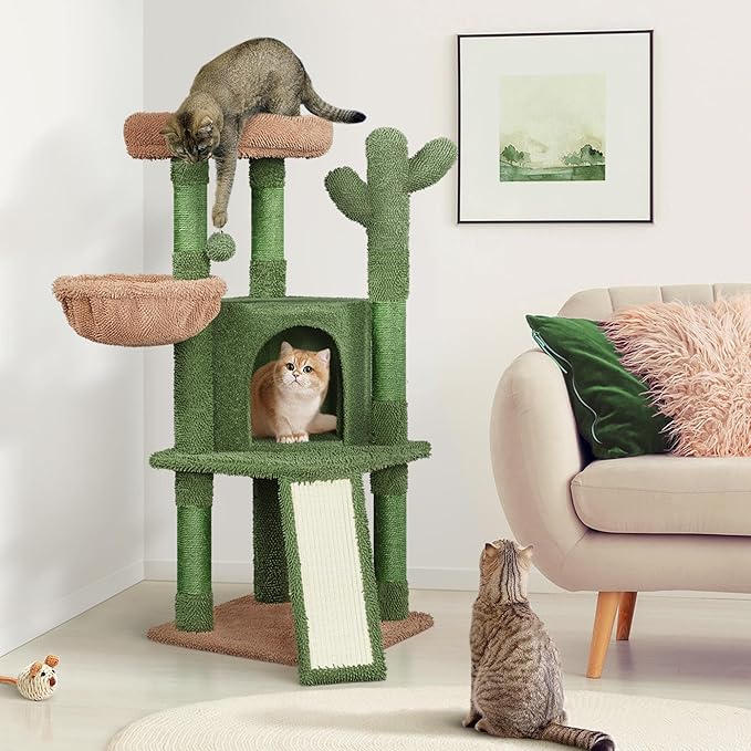 Yaheetech Cactus Cat Tree, 42in Cat Tower for Indoor Cats, Multi Level Kitten Condo Scratching Post, Cat Activity Center Pet Furniture w/Ball, Plush Perch, Platform, Basket-Mewly Pet
