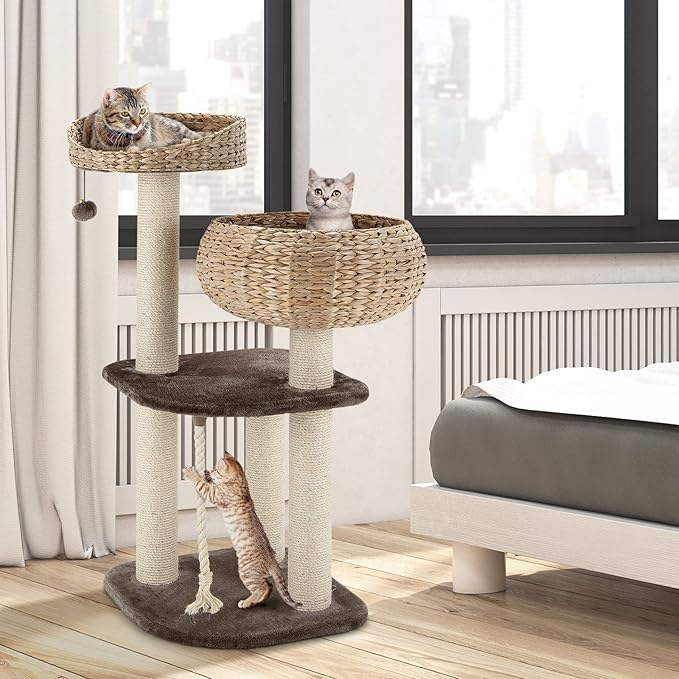Tangkula Modern Cat Tree for Indoor Cats, Small/Tall Cat Tower with Natural Sisal Scratching Post, Hand-Made Wicker Cat Condo & Top Perch, Funny Hanging Toy Ball, Cute Cat Tree Tower for Large Cats-Mewly Pet