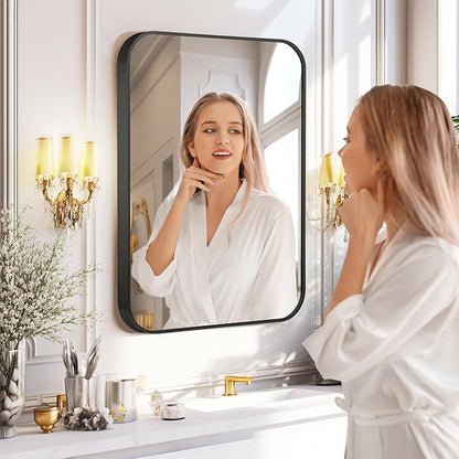 20"x30" Brushed Matte Black Mirror for Wall, Rounded Rectangle Mirror with Metal Frame Hanging for Bathroom Entryway Vanity,Living Room,Bedroom,Vertical or Horizontal