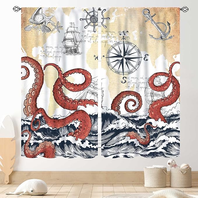 Nautical Octopus Curtains, Coastal Old Pirate Map Sailboat Compass Ocean Wave Kraken Octopus Tentacles Vintage Window Drapery Treatment for Bedroom Living Room Kitchen Bathroom 2 Panels, 42"x63" Inch