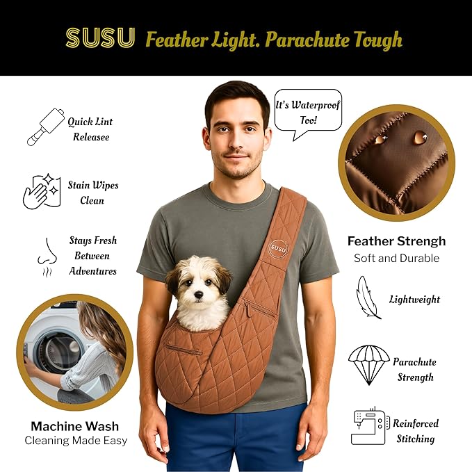 Small Dog Carrier Sling – Copper Brown Hands‑Free 2‑in‑1 Cross‑Body & Handheld Pet Sling for Small Dogs up to 10 lbs, Parachute‑Grade Rip‑Stop Nylon, Padded Strap & Safety Tether-Mewly Pet
