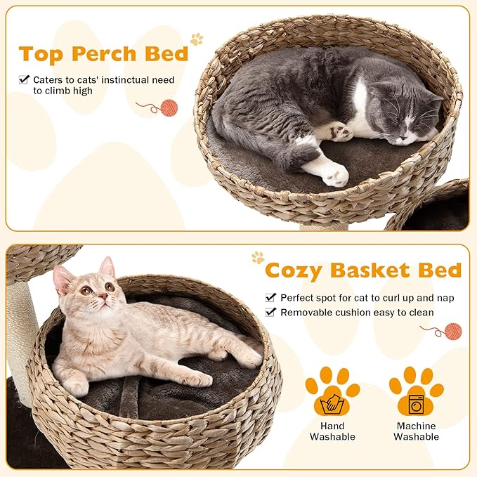 Tangkula Modern Cat Tree for Indoor Cats, Small/Tall Cat Tower with Natural Sisal Scratching Post, Hand-Made Wicker Cat Condo & Top Perch, Funny Hanging Toy Ball, Cute Cat Tree Tower for Large Cats-Mewly Pet