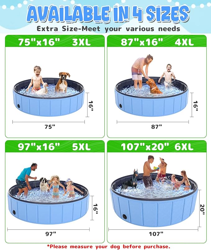 Large Foldable Dog Pool 87"x16", Hyperzoo Oversize Foldable Dog Swimming Pool, Hard Plastic PVC Leakproof Doggie Wading Collapsible Pet Bathing Tub for Puppy Small Medium Large Dogs and Kids, Blue-Mewly Pet