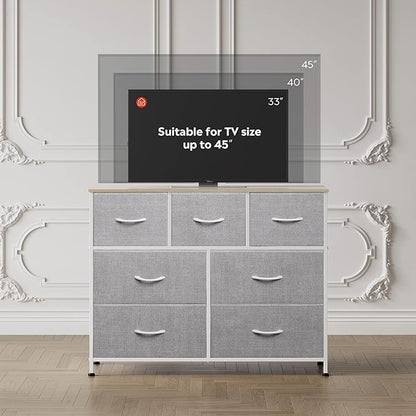 WLIVE 7 Drawer Dresser TV Stand, Entertainment Center, Media Console Table with Metal Frame and Wood Top for TV up to 45 inch, Chest of Drawers for Bedroom, Living Room, Light Grey