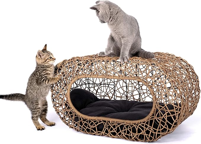 Fun Stackable Cat Condo for Indoor Cats - Interactive Play Faux Rattan Cat House for Indoor Cats Kitty, Pet Friendly Top/Side House Entry, Cat Bed Enclosed-Mewly Pet