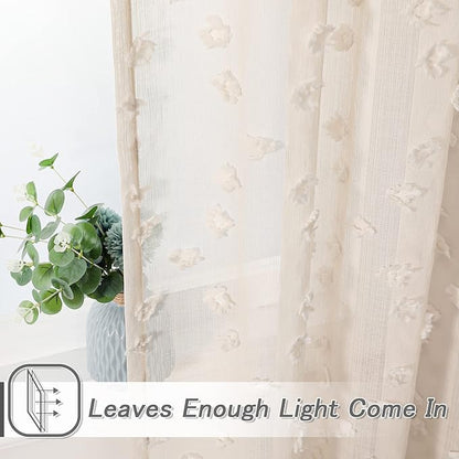 MYSKY HOME Beige Sheer Short Curtains with Pom Pom for Small Windows Bedroom Nursery Kids Girls Room Curtains Cafe Kitchen Light Filtering Boho Drapes, Rod Pocket,52 x 54 Inches, 2 Panels