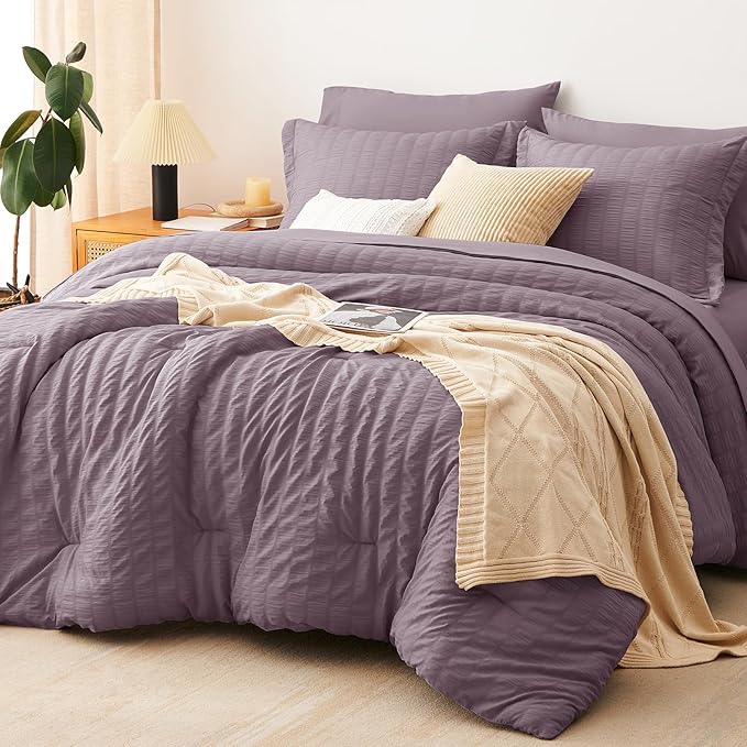 CozyLux Full Size Comforter Sets with Sheets Seersucker 7 Pieces Dusty Purple Bed in a Bag Textured Luxury Soft Bedding Set with Down Alternative Comforter, Sheets, Pillowcases & Shams for All Seasons