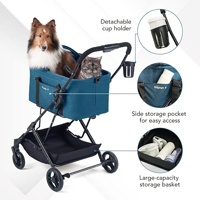 ibiyaya Essential – Travois Tri-Fold Pet Travel System for Medium Dogs, Cats, and More, 3 in 1 Dog Stroller with Detachable Carrier, XL Cabin (Nautical Blue)-Mewly Pet