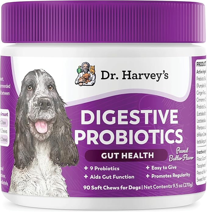 Dr. Harvey's Digestive Probiotic Soft Chews for Dogs, 7 Probiotics for Gut Health, Diarrhea and Bowel Support, Peanut Butter Flavor (90 Chews)-Mewly Pet