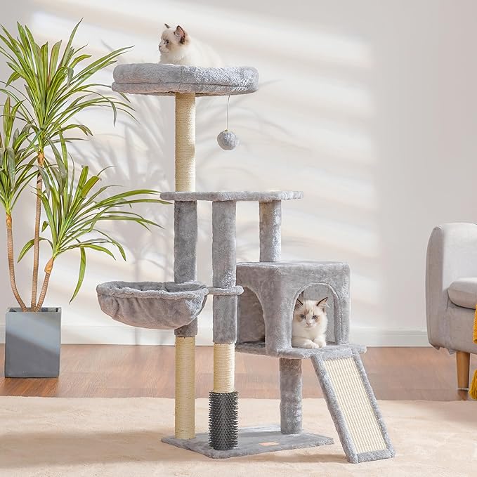 Heybly Cat Tree with Cat Self Groomer Brush, Cat Tower Condo for Indoor Cats with Padded Plush Perch, Cat House with Basket Scratching Board Post, Light Gray HCT005SW-Mewly Pet