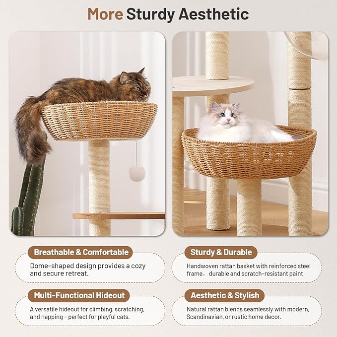 Rattan Cat Climbing Tower Condo with Scratching Post,Capsule,Basket,and Bed Modern Heavy Duty Cat Tree for Indoor Cat Large Adult-Mewly Pet