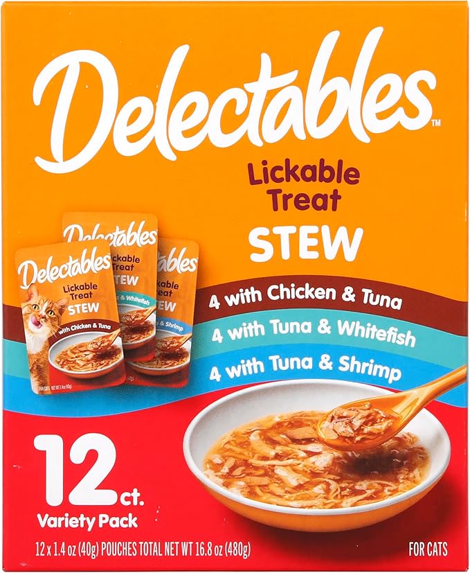 Hartz Delectables Stew Lickable Wet Cat Treats for Adult & Senior Cats, Variety Pack, 1.4 Ounce (Pack of 12)-Mewly Pet