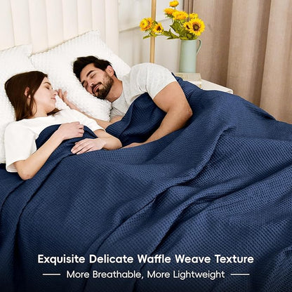 PHF 100% Cotton Waffle Weave Family Blanket,Oversized King Size 120"x 120"-Pre-Washed Snag Proof Lightweight Breathable, 10'x 10' Huge Extra Large Big,Home Decoration Gift-Navy Blue/Bright Blue