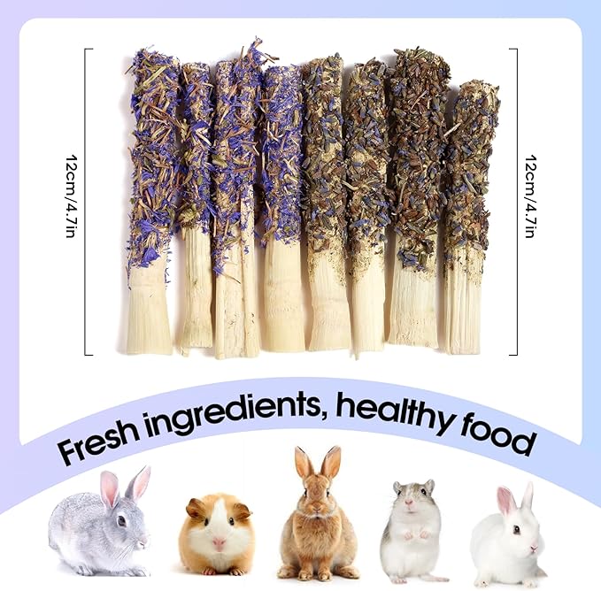 Abizoo Sweet Bamboo Rabbit Chew Sticks Treats and Toys 8Pcs Natural Hay with Forget-Me-Not Lavender for Bunny Guinea Pig Chinchilla Dental Care-Mewly Pet