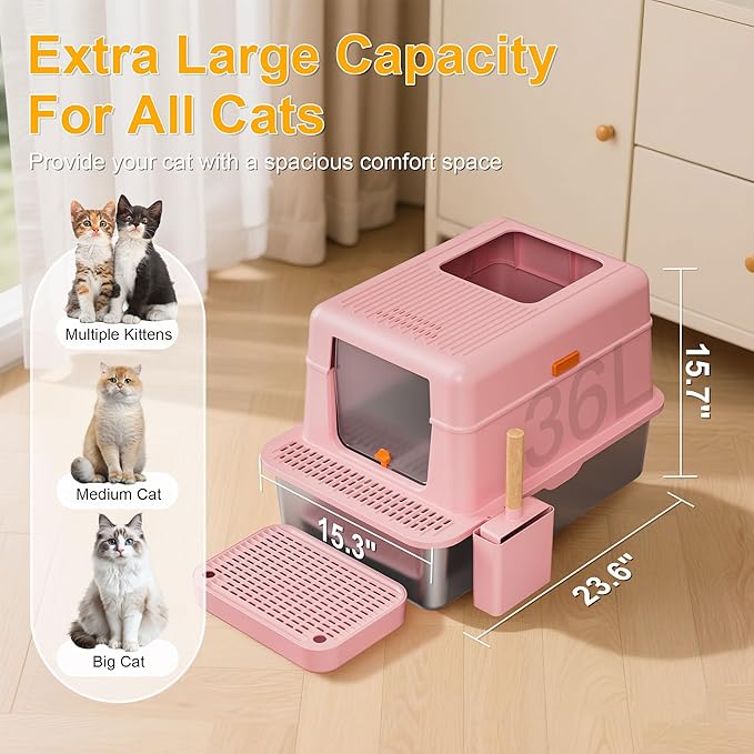 Stainless Steel Litter Box with Lid, 20L Metal Enclosed Litter Box for Big Cat, Flip-Top Design with Anti-Leakage High Sides, Large Cat Lovers Gifts (#2 Pink)-Mewly Pet