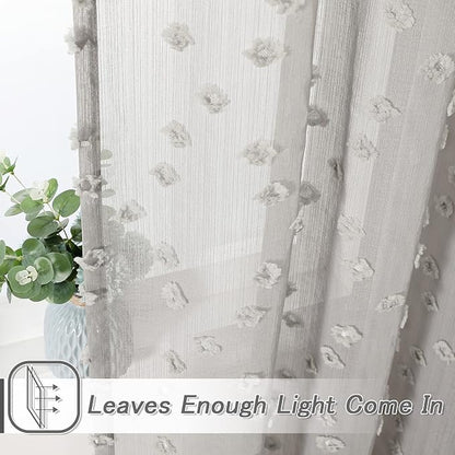 MYSKY HOME Pom Pom Grey Sheer Curtains for Bedroom Girls Room Curtains 63 inch Length for Nursery Kids Light Filtering Boho Window Drapes, Rod Pocket, 38" Wide, 2 Panels