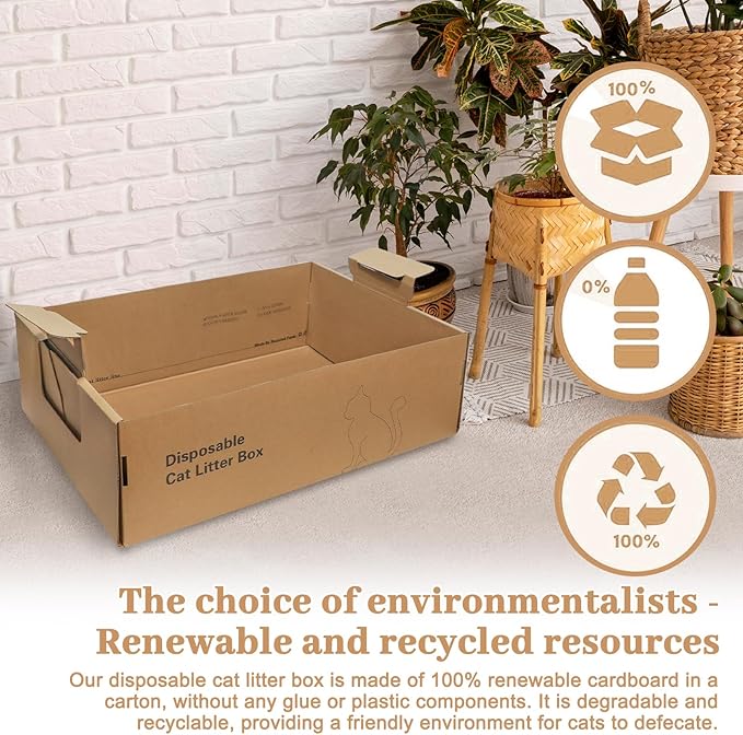 3-Pack Disposable Litter Boxes for Cats,Disposable 100% Renewable Cardboard Foldable Litter Boxes,Large-Capacity Portable Cardboard Cat Litter Box,Waterproof Travel Litter Box,17.2'' x 12.2'' x 5.3''-Mewly Pet