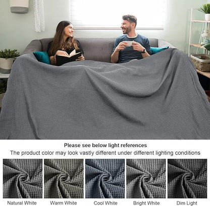PHF Pre-Washed Cotton Waffle Weave Family Blanket,Oversized King Size 120"x 120"-Snag Proof Lightweight Breathable, 10'x 10' Huge Extra Large Big-Elegant Aesthetic Home Decoration Gift,Charcoal