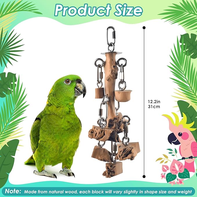 Bird Toys for Parrots, Durable Wooden Large Birds Toy with Stainless Steel, Hanging Natural Chew Hardwood Blocks for Macaws, African Greys, Amazon Parrot, Cockatoos and Small Medium Parakeets-Mewly Pet