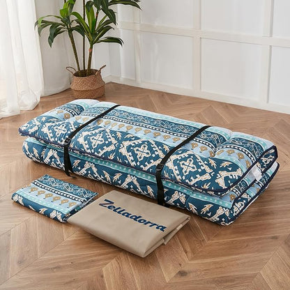 Japanese Floor Mattress, Futon Mattress with Storage Bag and Washable Cover, Roll Up Tatami Mat Suitable for Guest Room (Blue Striped Jacquard, Queen)