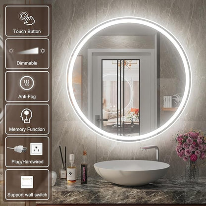 40 Inch Large Round Lighted Bathroom Mirror, Circle Vanity Mirror with Lights, Wall Mounted, Dimmable, Memory, Anti-Fog, 6000K