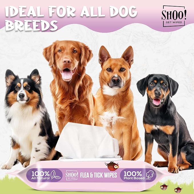 Shoo! Flea & Tick Wipes for Dogs | Convenient, Easy On-The-Go Protection | Plant Based, Natural Oils, Chemical Free | Repels & Prevents | 50 XL Wipes | (Floral Bliss)-Mewly Pet