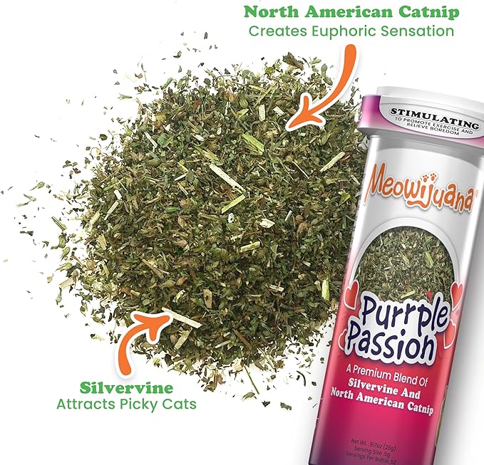 Meowijuana Purrple Passion Cat Nip - Premium Organic Blend of Catnip for Cats & Silvervine, Stimulates Playful Behavior, 26g, Natural Wellness Gift for Cat Lovers-Mewly Pet