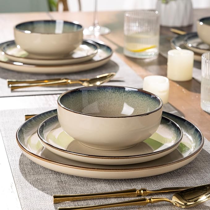 GBHOME Ceramic Dinnerware Sets for 4, 12 Pieces Stoneware Plates and Bowls Sets, Scratch Resistant Dishes, Dishwasher & Microwave Safe, Reactive Glaze-Gravel-Mewly Pet