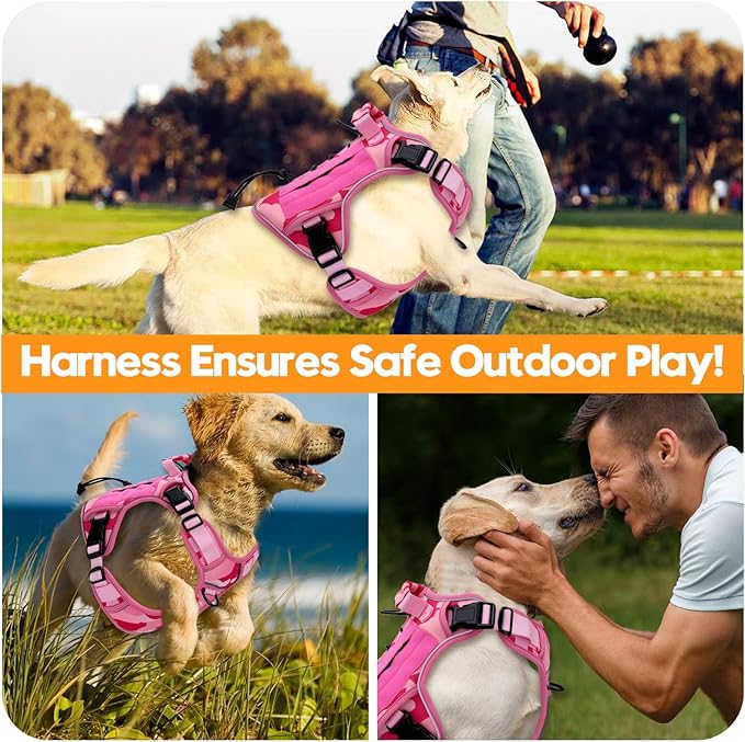 Heavy-Duty Tactical Dog Harness for Large Dogs, No Pull Adjustable Reflective Pet Vest with Molle System, K9 Military-Grade Control for Service Training, Outdoor & 10+ Breeds, Pink Camo, Large-Mewly Pet