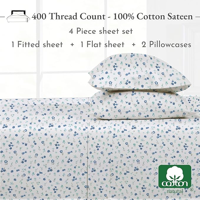 California Design Den Floral Pattern King Size Sheets Set - Luxury 400 Thread Count Sateen, Natural 100% Cotton Sheets, Deep Pockets, Cooling and Durable Bedding Set - Blooming Meadows