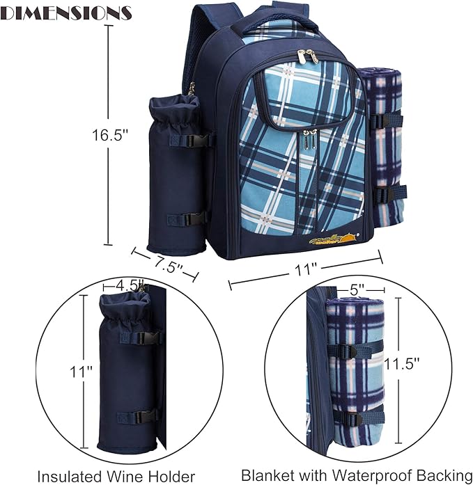 Apollo Walker Picnic Backpack Bag for 2 Person with Cooler Compartment, Detachable Bottle/Wine Holder, Fleece Blanket, Plates and Cutlery (Blue)-Mewly Pet
