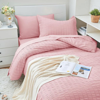 HYMOKEGE Pink Twin XL Comforter Set Seersucker 5 Pieces, All Season Luxury Bed in a Bag for Bedroom, Bedding Set with Comforter, Sheets, Pillowcase & Sham