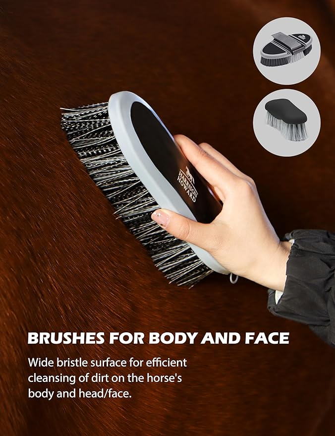 Harrison Howard Horse Grooming Kit 11-Piece Equine Care Series Horse Brush Sets with Organizer Tote Bag Tack Room Supplies Shedding Grooming Massaging Tools Black Brushstroke Ponies-Mewly Pet