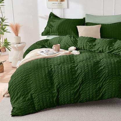HYMOKEGE Dark Green/Sage Green Full Size Comforter Sets Seersucker 7 Pieces, All Season Luxury Bed in a Bag for Bedroom, Bedding Set with Comforter, Sheets, Pillowcases & Shams