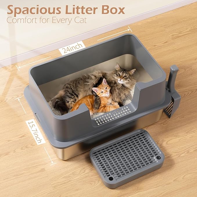 XL Stainless Steel Cat Litter Box with Lid – High Sides, Leak-Proof, Non-Stick Metal Litter Box for Large Cats – Easy to Clean, Includes Filter Pedal, Scoop & Cleaning Brush-Mewly Pet