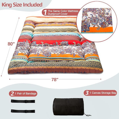 MAXYOYO Bohemian Retro Floor Mattress Vintage Floral Japanese Futon Mattress Roll Up Thicken Sleeping Bed Portable Camping Mattress Floor Lounger Couch Bed Mattress Pad, King Size