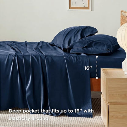 Bedsure Cooling Sheets Twin, Rayon Derived from Bamboo, Breathable & Soft Twin Sheets Set, Deep Pocket Up to 16 Inches, Hotel Luxury Silky Bedding for Hot Sleepers, Navy